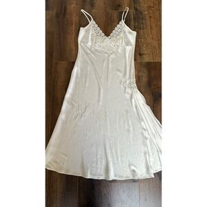 Delicates Ivory Satin Lace Trim Midi Nightgown Medium White Slip Dress Slit